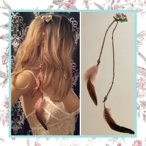 🎀 FLOWER CLIP IN FEATHER HAIR PIECE EXTENSION BOHO CHIC SUEDE BRETT LONG GYPSY